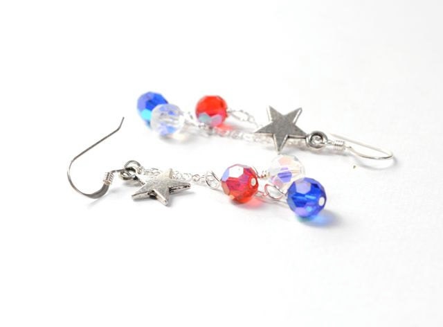 Long Star Earrings Fourth of July Labor Day American Patrotic Memorial Day Red White Blue Sterling Silver Dangle Earrings - Burst