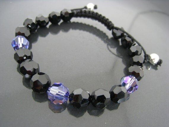 Shamballa Bracelet...Black and Violet Swarovski Beads with Sterling Silver Ball Ends (Sz SM) S001-S