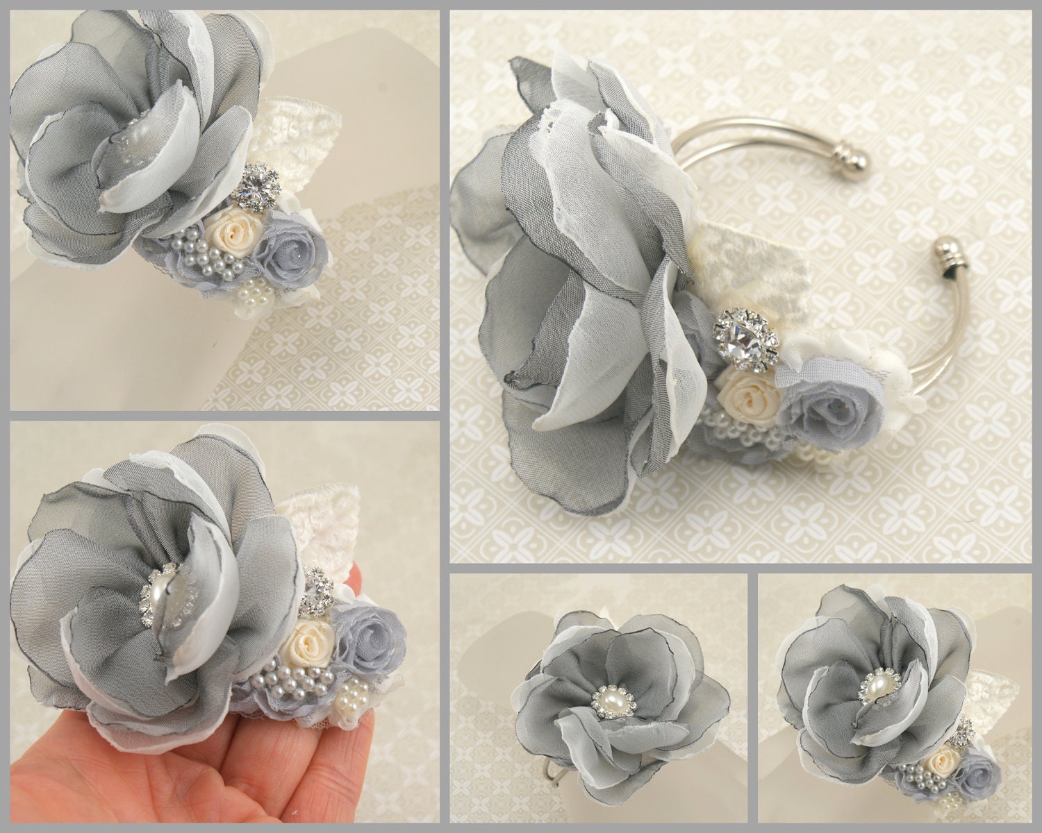 Corsage Wrist Corsage Mother of the Bride in Grey and Ivory with Chiffon, Crystals and Pearls