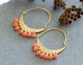 Coral earrings, Coral jewelry, Peach earrings, Pink coral earrings, Bohemian jewelry, Coral gold earrings, Gold hoop earrings, Beach wedding