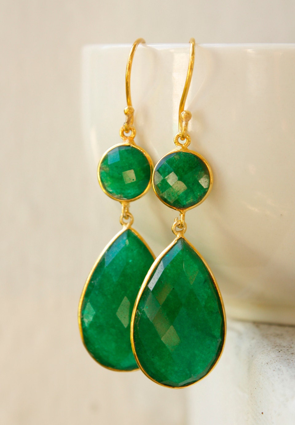 Gold Green Emerald Quartz Glamour Earrings  - Chandelier Glamour Earrings