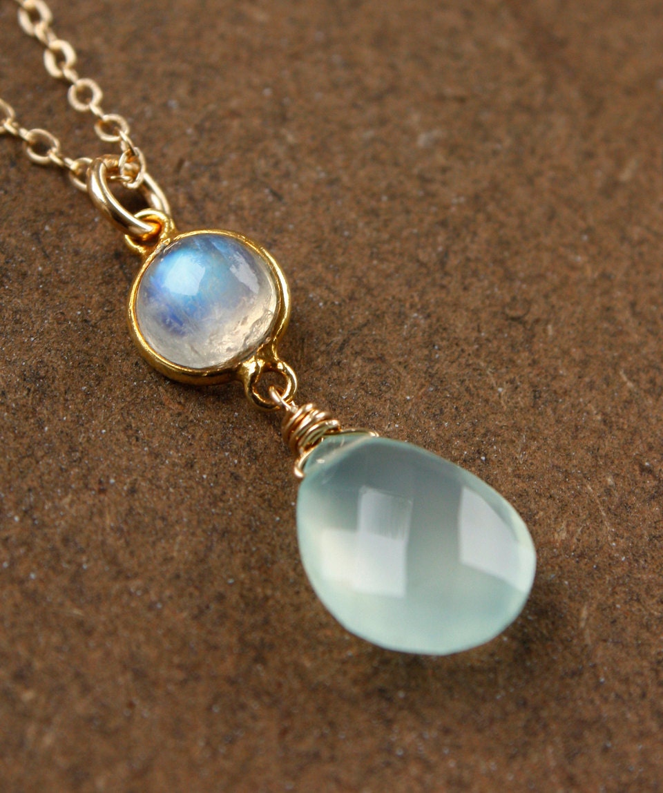Sea Green Chalcedony and Rainbow Moonstone Gemstone Necklace - 14KT Gold Fill - Mint green