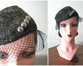 1930s hat Glamorous metallic hat with dramatic veil and Deco trim Size 22-23