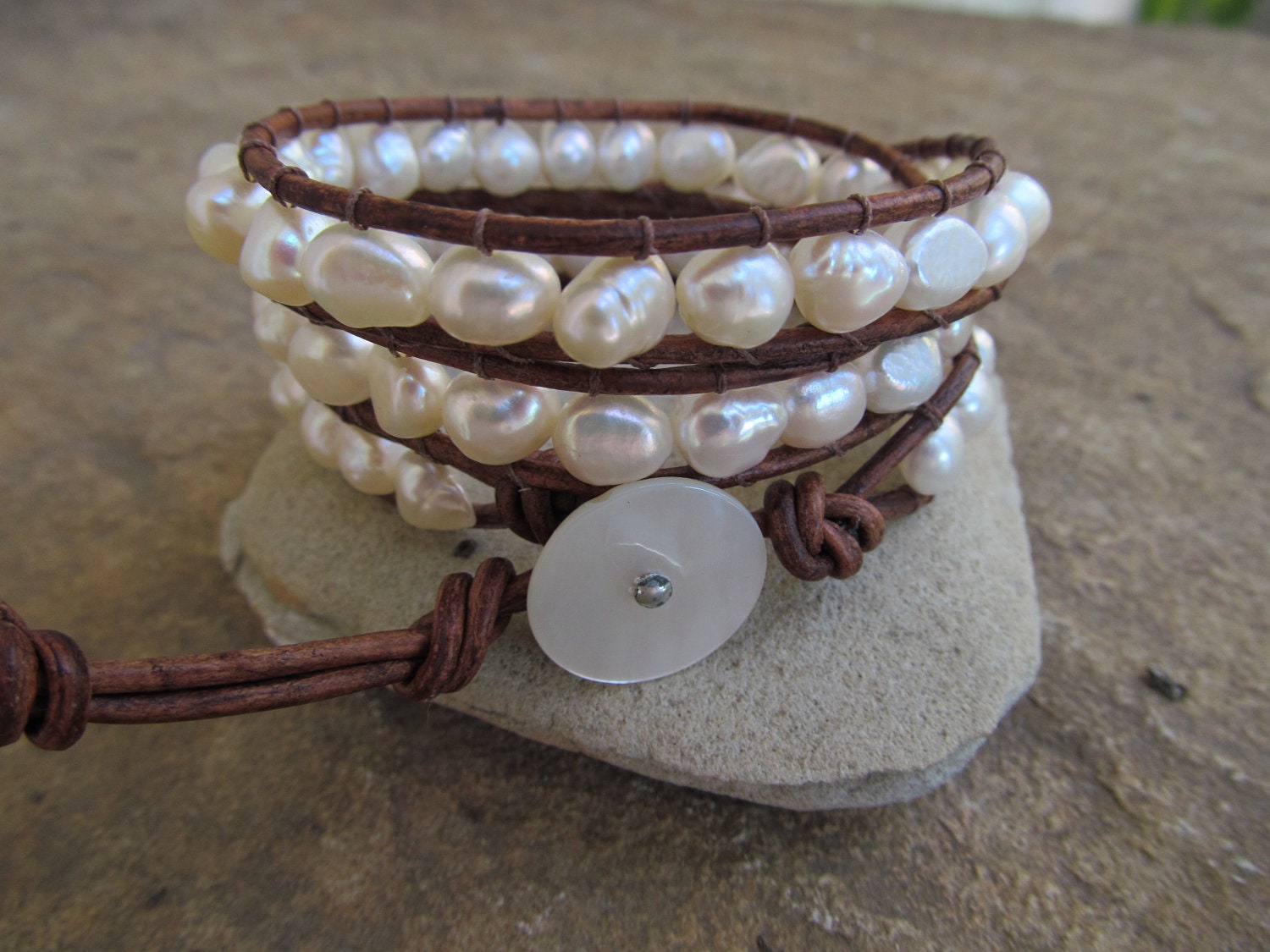 Freshwater Pearl Beaded Leather Wrap Bracelet