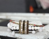 Black and White Fabric Bracelet with Semi-Precious Stones, Swarovski Crystals and Silk