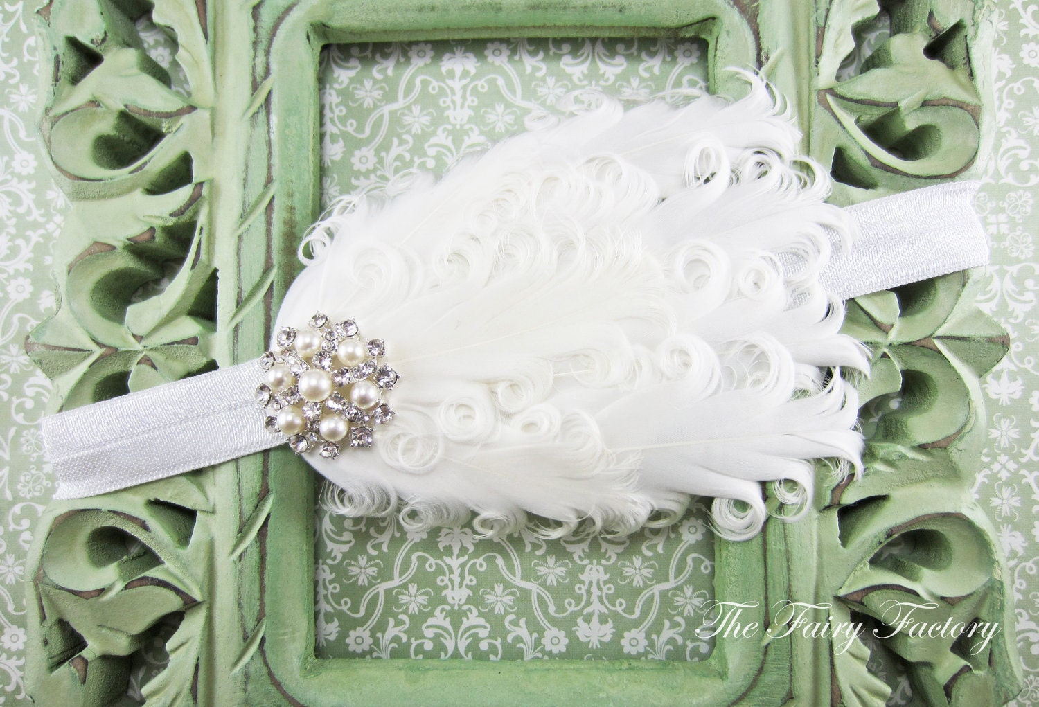 White Feather Headband - Snow White Nagorie Feather Headband with Pearl and Rhinestone Embellishment - Baptism / Christening / Wedding