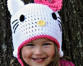 Hello Kitty Crochet Beanie Hat...size 3-6 Months, 6-12 Months, 1-2 Toddler, 2T and up, Adult....Great for a Easy Halloween Costume