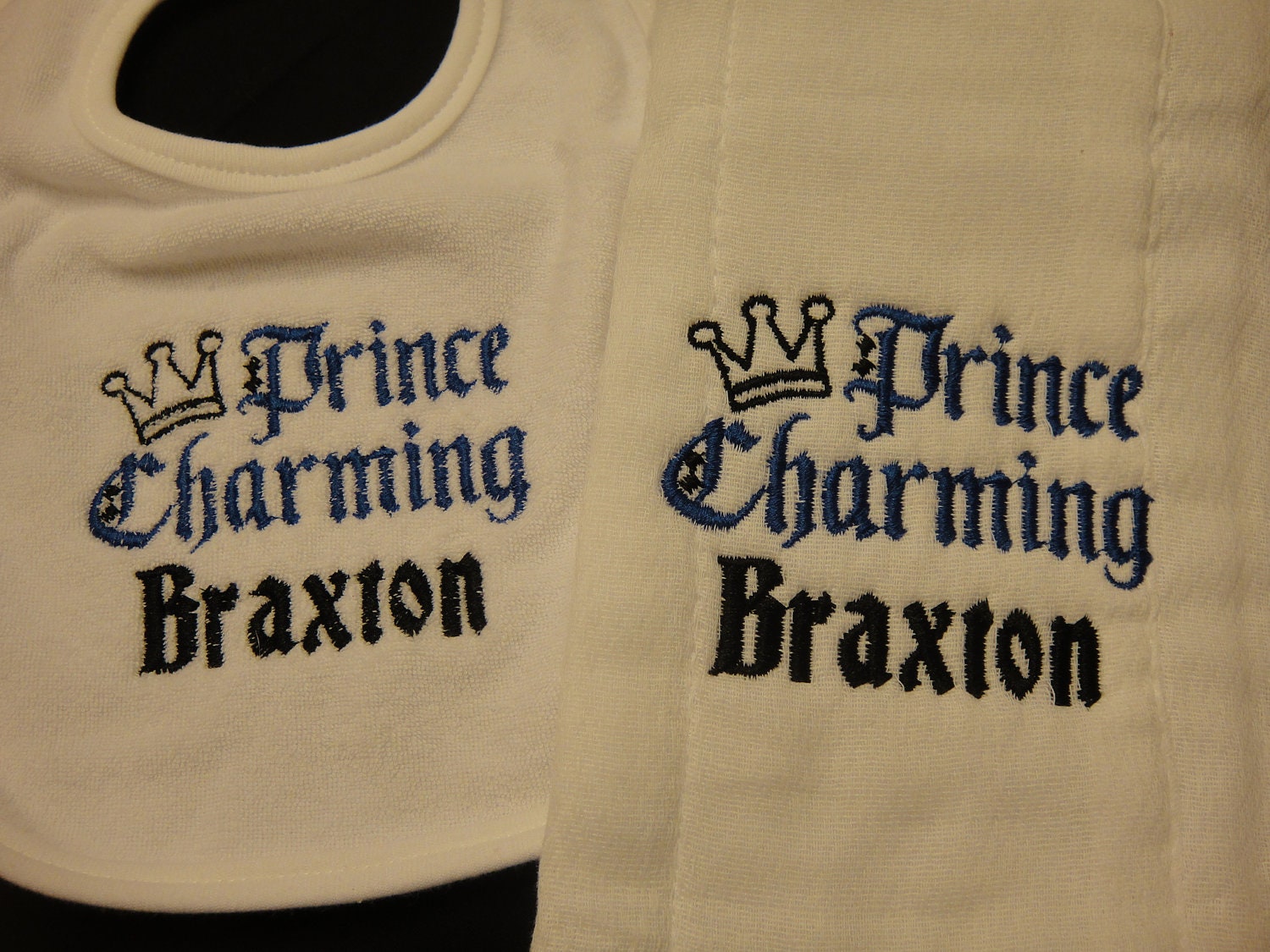 Personalized Prince Charming Embroidered Bib & Burp Cloth Set