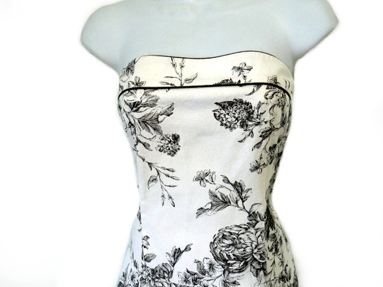 Vintage 60's Linen Dress strapless white brown sweetheart floral garden party Alice in Wonderland