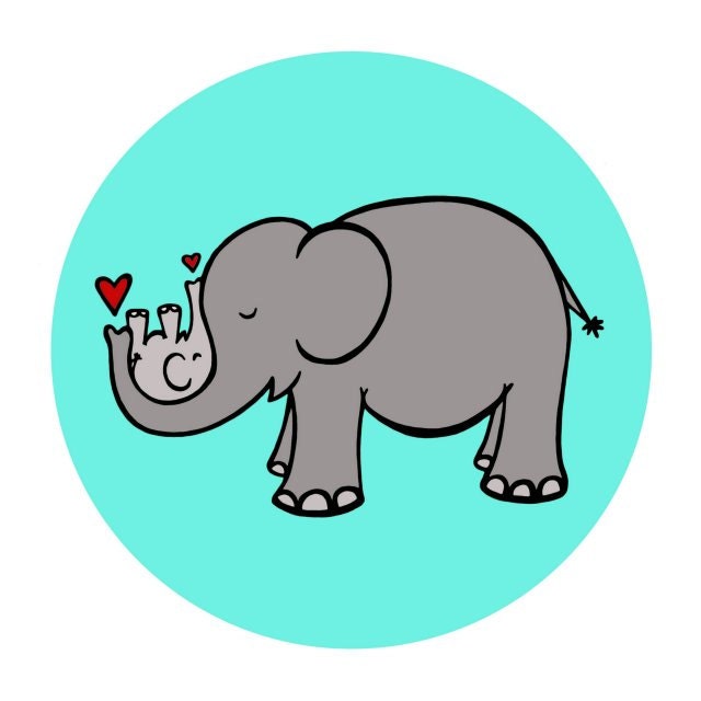BOGO SALE - Gray Momma Elephant Cradling Baby Elephant in Turquoise Teal Circle  - 8 x 8  Art Print  - Baby Nursery Decor Kids Decor