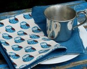 Baby's first napkin  - cotton linen blend - owls - blue - set of two reversible napkins - reuseable - solid blue hemp cotton