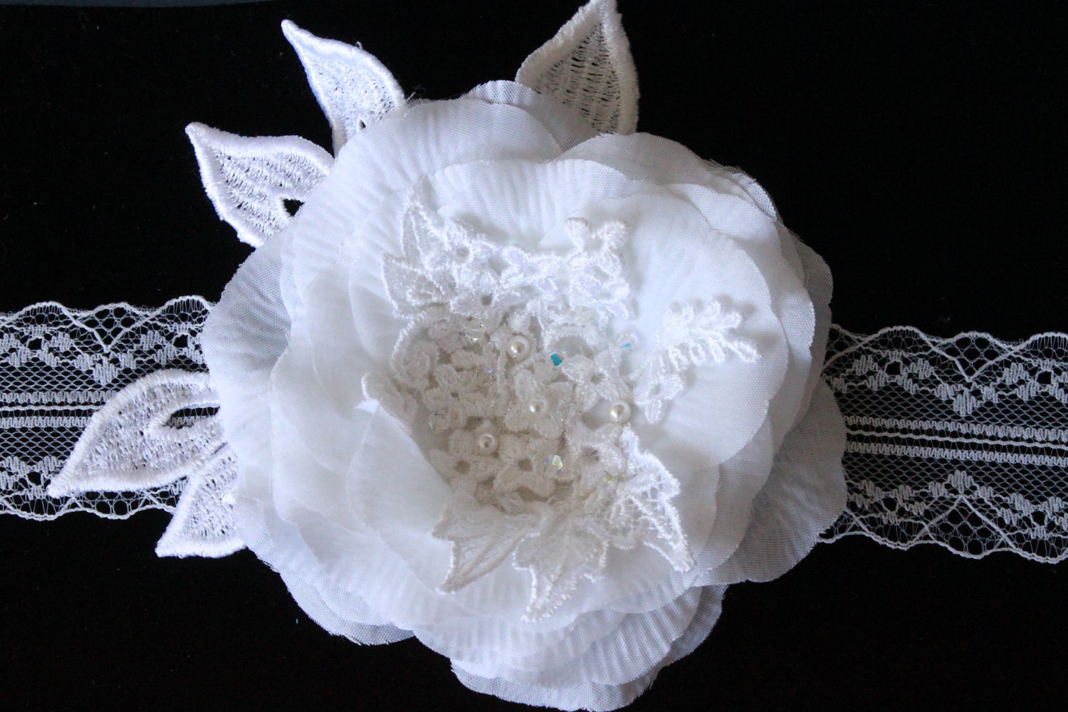 SASH or HEADBAND White Silk Flower with Pearls and Lace w.