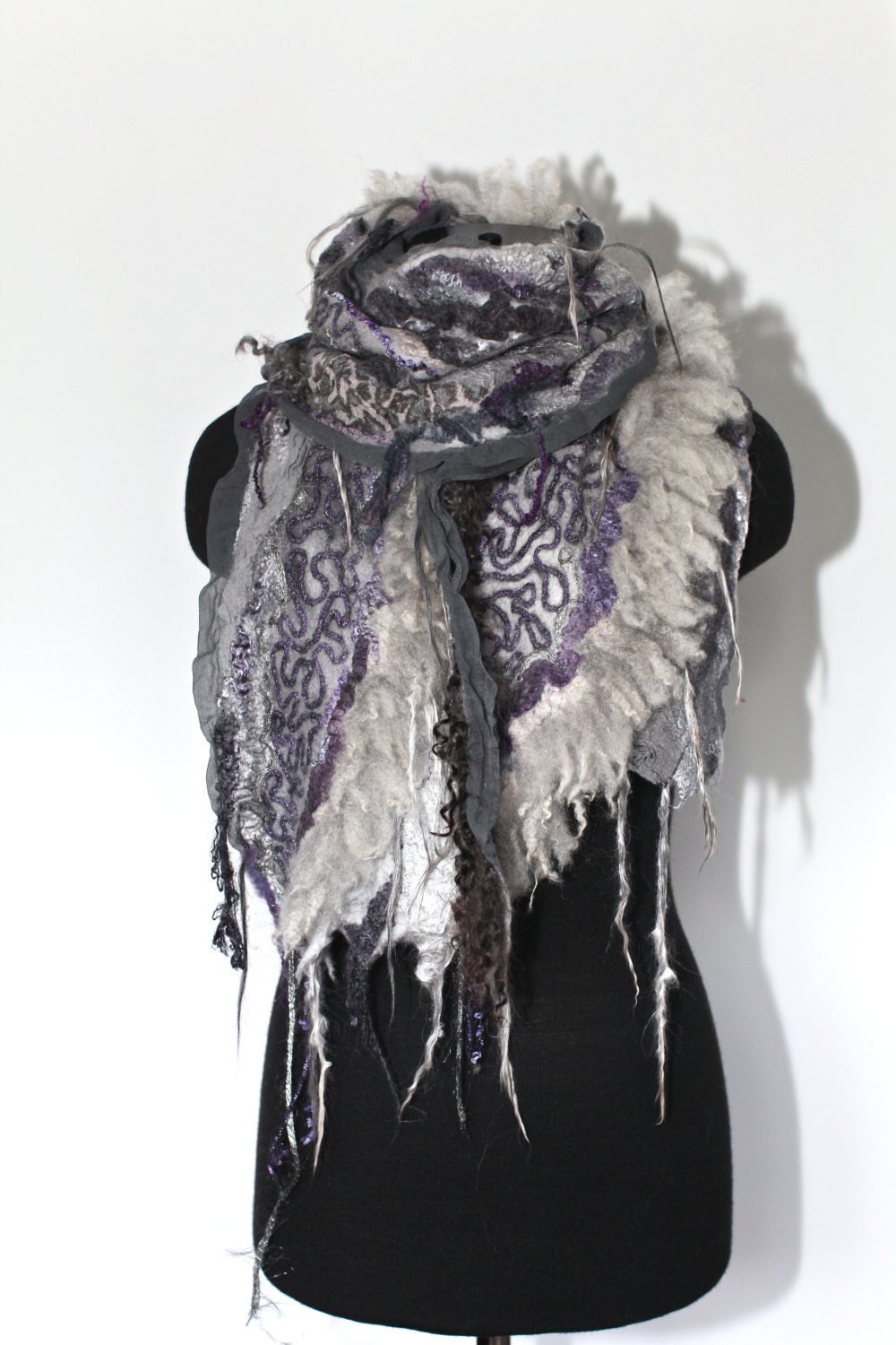 RESERVED Nuno Felted Scarf Long Textured Merino Wool Silk Raw Sheep Locks Silvery Grey Black Purple OOAK