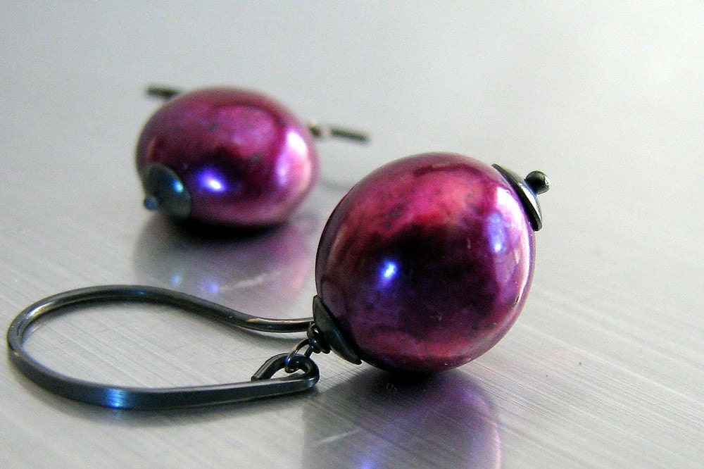 Wine Pearl Earrings, Magenta, Purple, Berry, Baroque, Freshwater Pearl, Fall, June Birthstone, Handmade, Antiqued Sterling Silver - Caberne