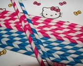 Paper Straws In Pink & Blue 30 Straws With 15 Straws in Hot Pink/white, 15 Straws In Blue/white Stripes