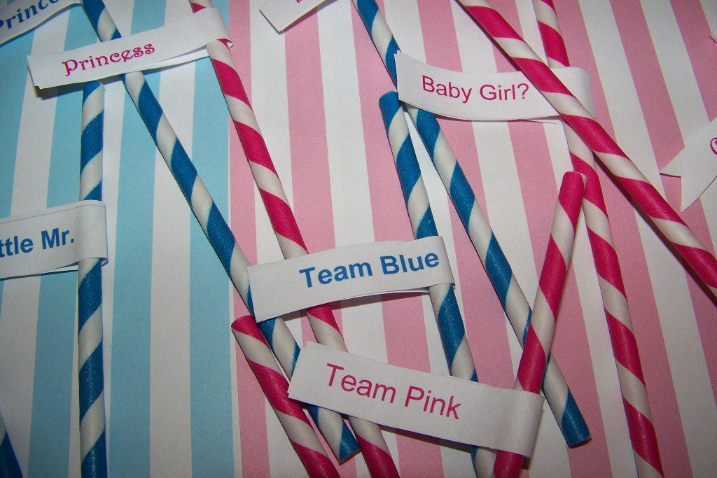 Paper Straws 30 Gender Reveal Party Pack 15 Hot Pink & 15 Blue With Custom Straw Flag Toppers-Choose Your Words