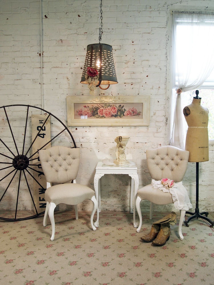 Painted Cottage Chic Shabby French Tufted Upholstered Chair