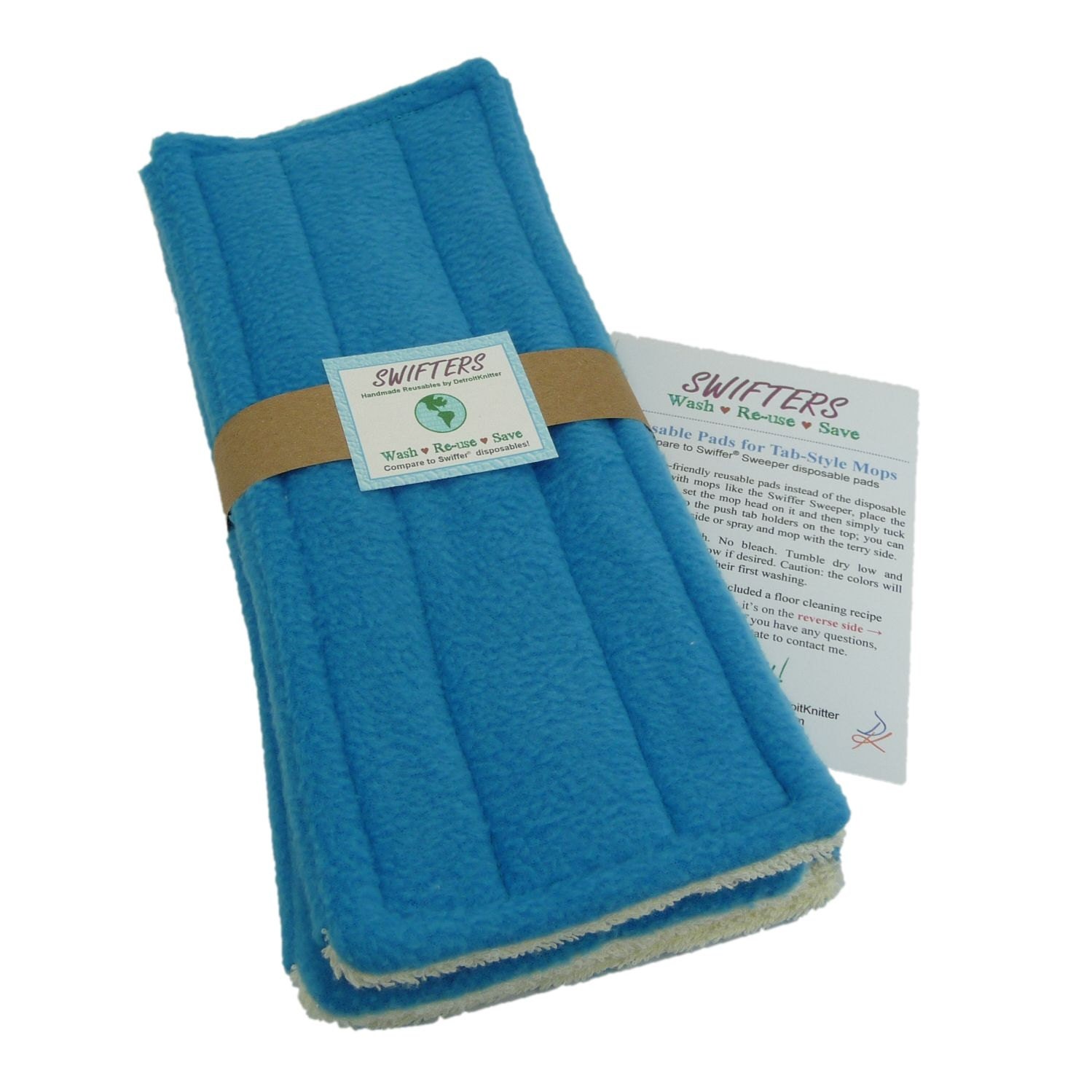 3 Swiffer Pads - Swifter Style Reusable EcoFriendly pads - Double Sided - Aqua Blue