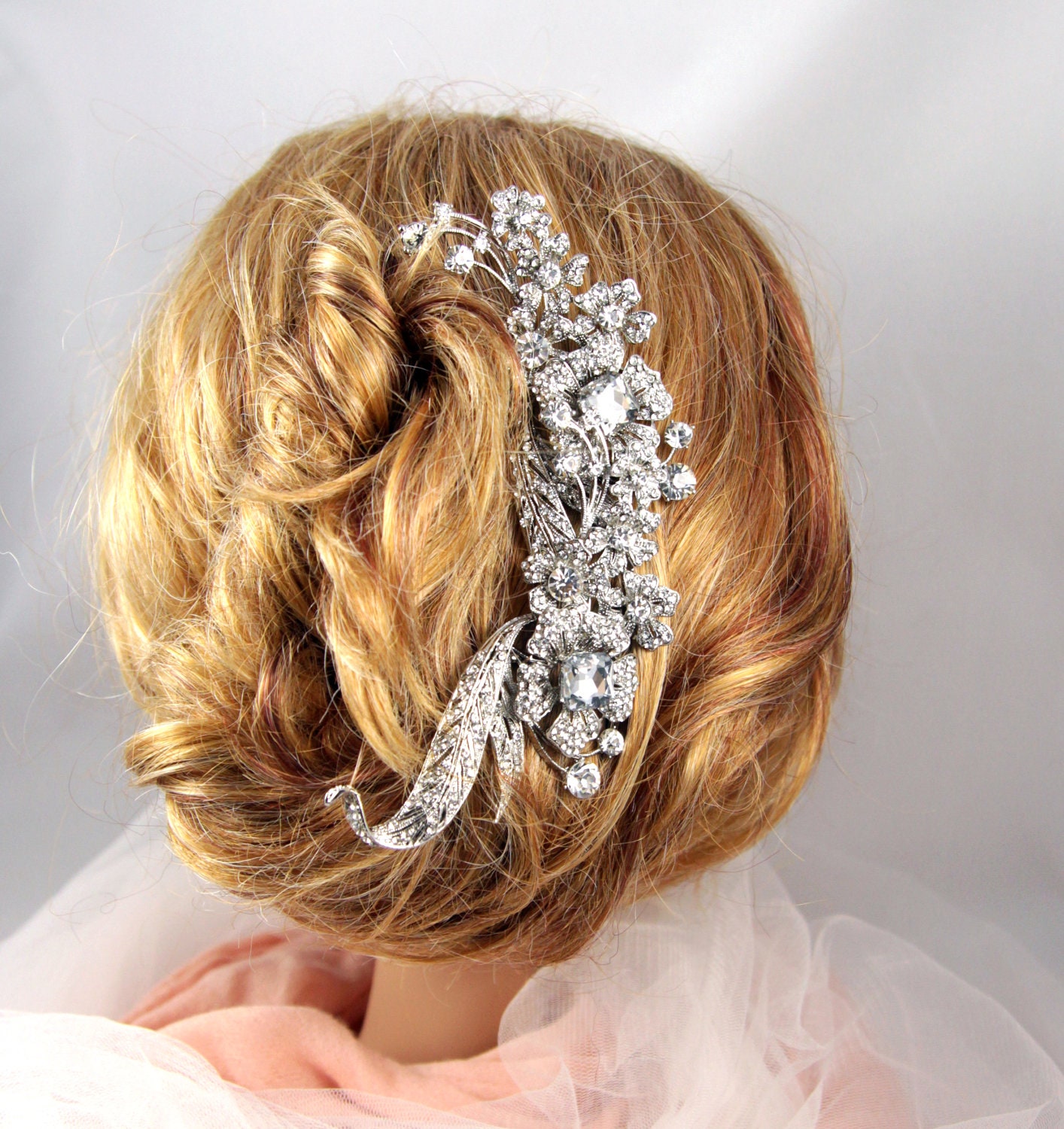 Miranda - Wedding Bridal Hair Comb, Accessories, White, Rhinestones, Crystal, Austrian crystal, Floral, Vintage, Aide