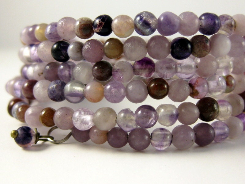 Beaded Coil Wrap Bracelet in Purple Lavender Gemstones, for her, under 50