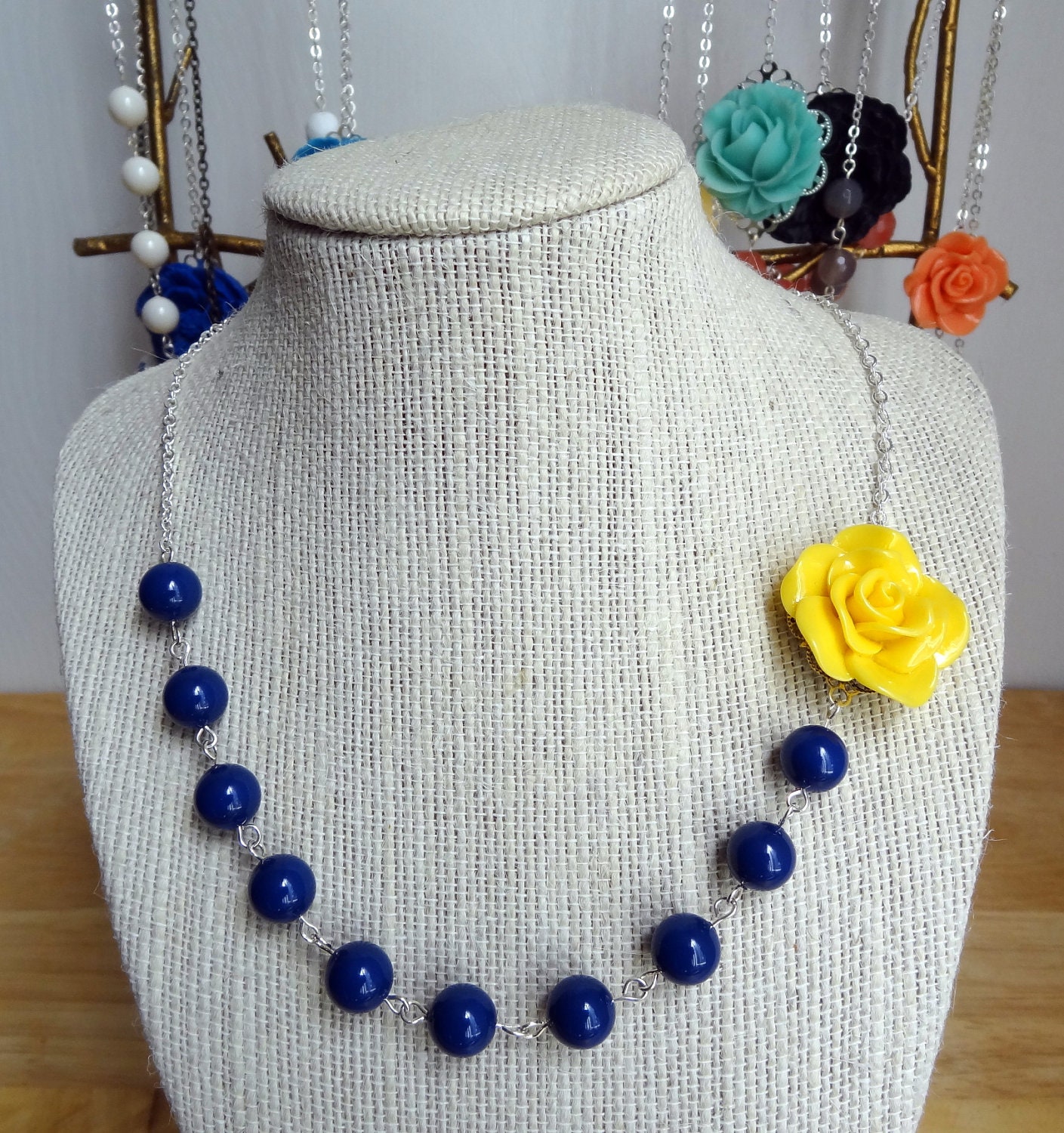 Yellow Rose Asymmetrical Bridesmaid Bridal Flower Floral Statement Necklace Swarovski Sapphire Blue Pearls Silver Cable Chain Gift Handmade