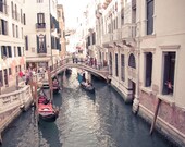 Canal of Venice with gondolas - 8x12, italian landscapes, italy, photography, water, pink, ship, waterscapes