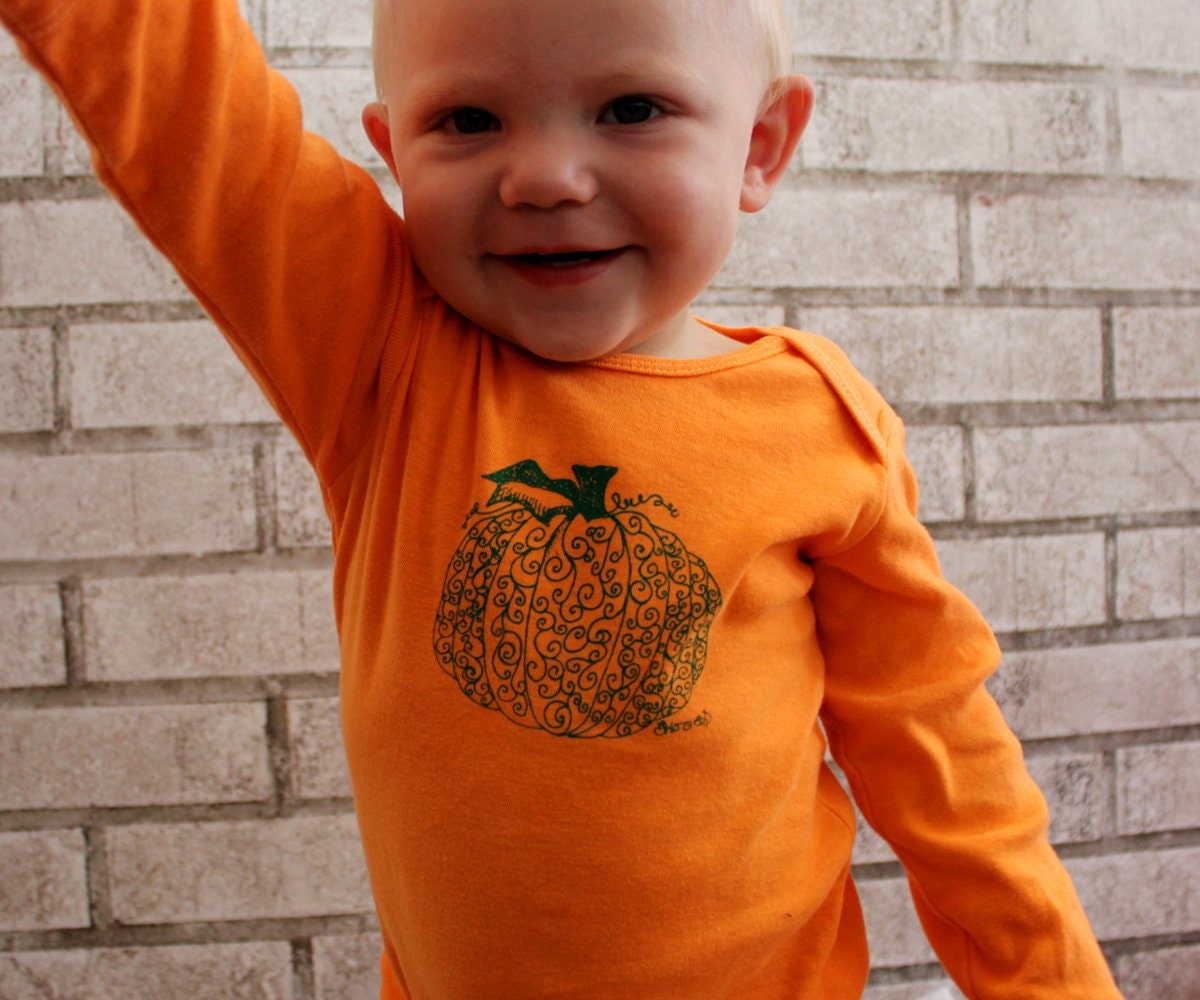 Long Sleeved Halloween Pumkin Onesie, Cotton Baby Bodysuit, dyed  orange or custom colors