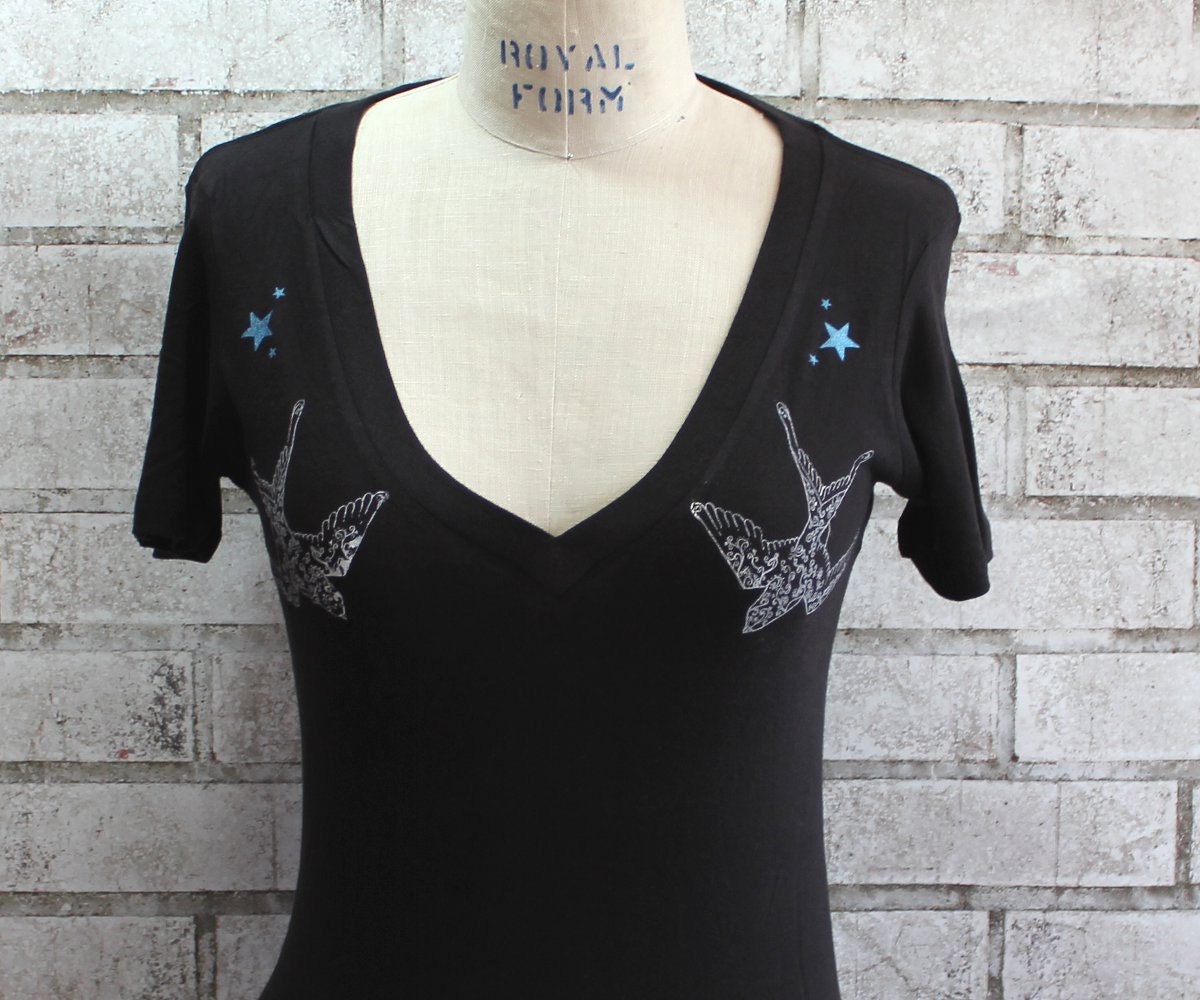 Flying Birds Tshirt, Black Vneck Women's tshirt, tattoo swallow tee shirt
