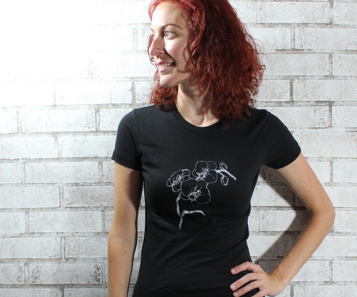 Flowers Tshirt, Orchids Ladies Cotton Crewneck Tee Shirt, Black or custom colors
