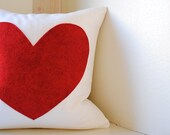 Heart Pillow Cover - White Linen and Deep Red Felt 12"