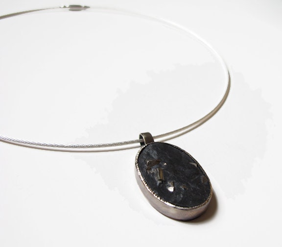 Natural Slate with Pyrite Pendant Oxidized Sterling Silver