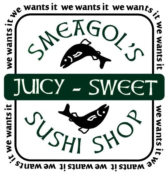 Lord of the Rings inspired Tshirt with Smeagols Sushi Shop design