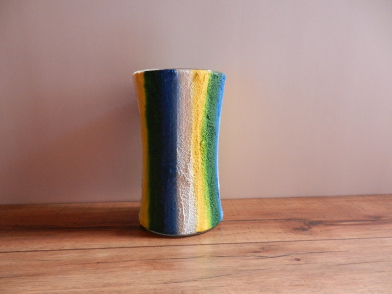 Blue Vase / yellow green white striped vase / painted home decor