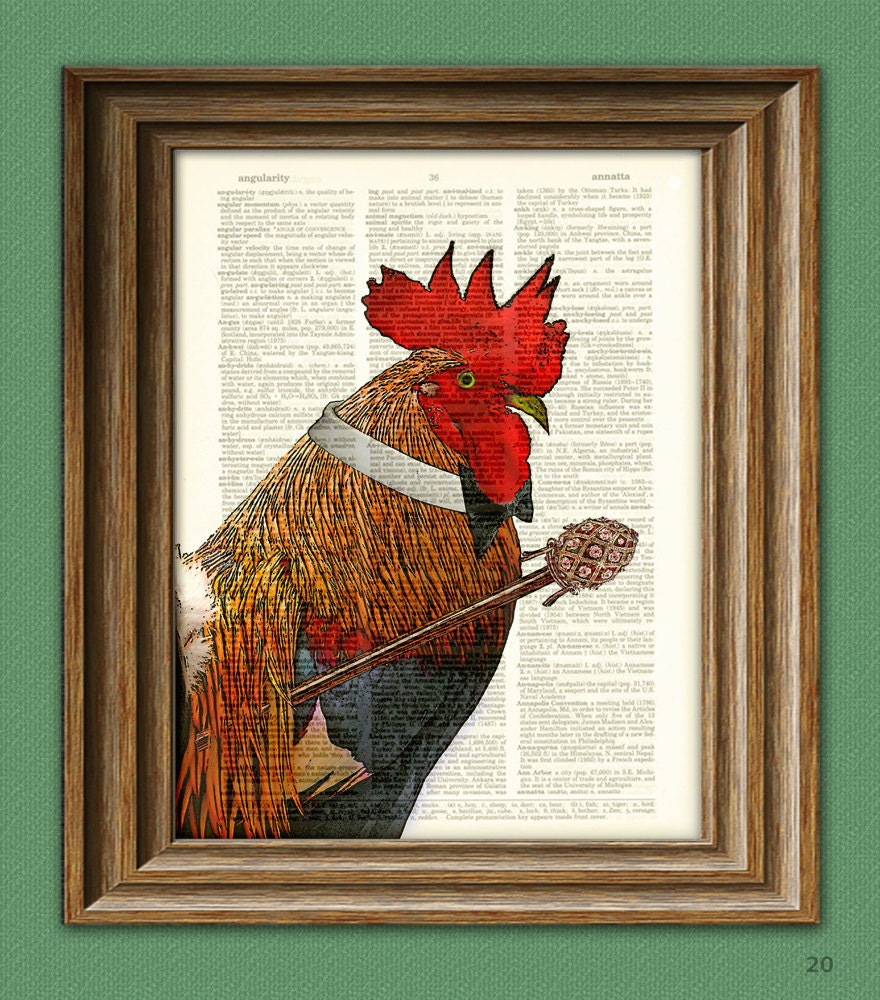 The Rooster Gentleman Art Print with bow tie and fancy cane beautifully upcycled vintage dictionary page book art print