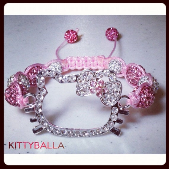 Hello Kitty Rhinestone Shamballa Bracelet featuring Swarovski Pink and Clear Crystal Beads on Pink Cording