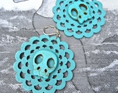sugar skull Earrings,  Wood Earrings laser cut,  turquoise blue wood and howlite.