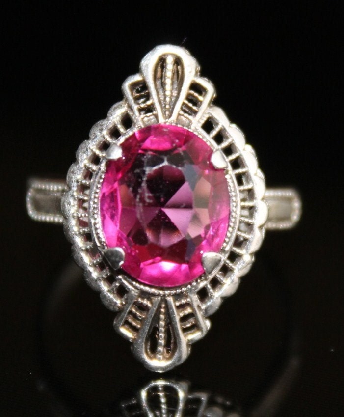 Stunning VICTORIAN Deco Pink  Marquees  Open Back Glass Stone Sterling Silver Vintage Ring
