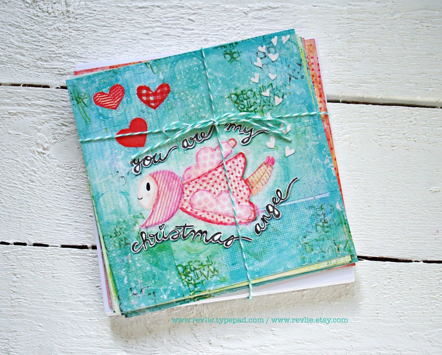 1 set of 12 whymsical christmas cards, mixed media style SALE