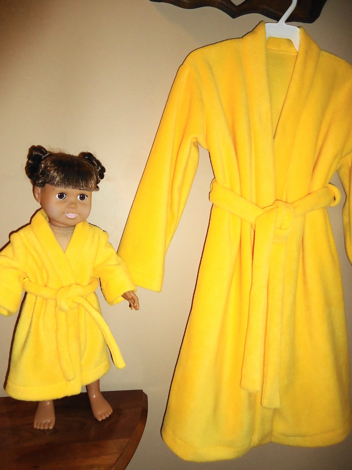 Yellow fleece bathrobes for girl size 5 and matching robe for 18" doll - MarshaSueSews