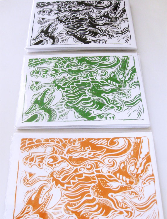 Mythical Creatures Linocut Print - Original Illustration - 5x7 Block Print