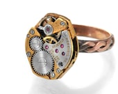 Copper Steampunk Ring - Two Tone Vintage Watch Movement - Ring size 7.5 - 8
