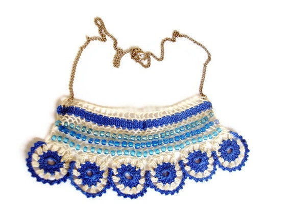 Hand Crocheted Vintage lace ,blue bead embroidery bib  necklace