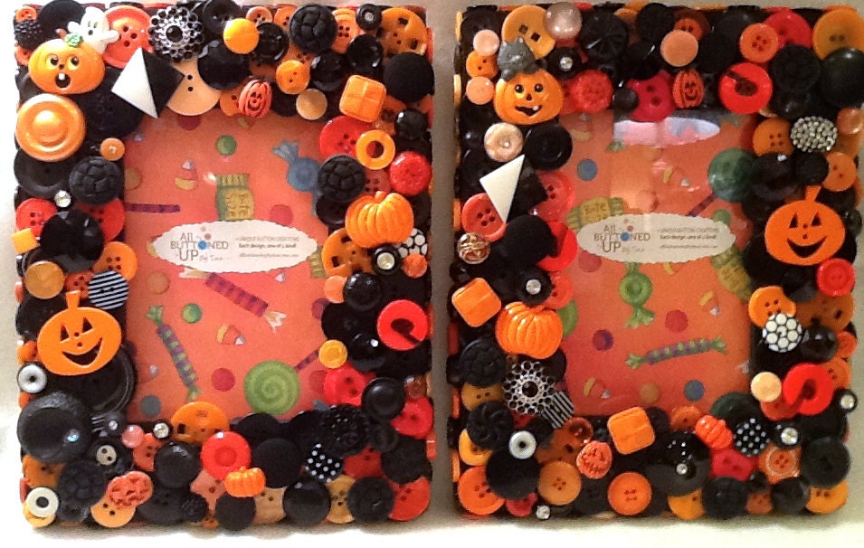 RESERVED For Amber - Pair of Halloween Button Picture Frames in Orange & Black for 4"x6" Photo