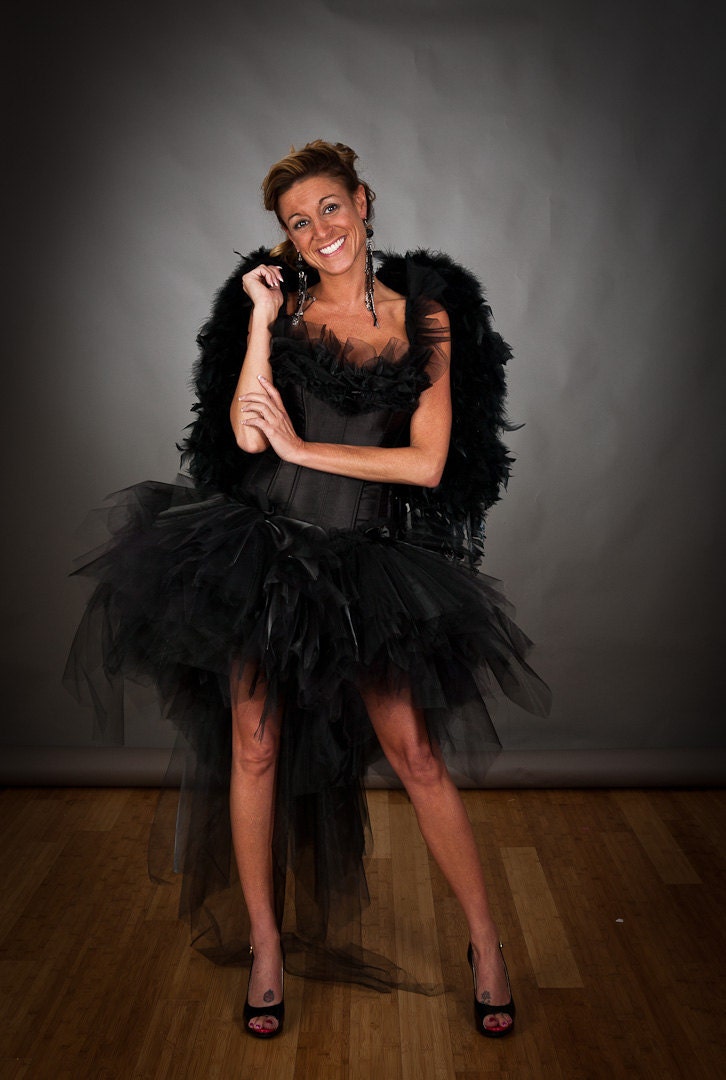 Size Small Burlesque black tulle Angel white swan Cosume with full feather wings Ready To Ship