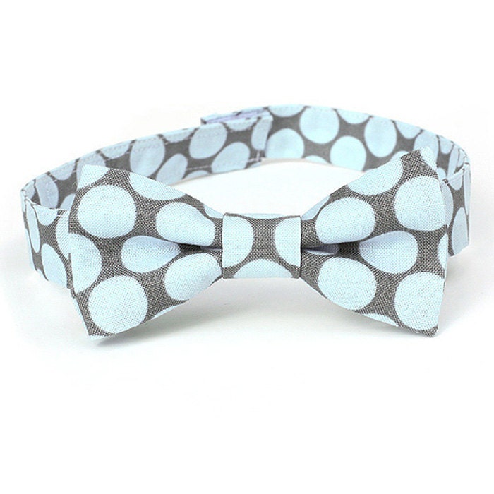 Kids Bow Tie - Grey and Light Blue polka dot Bow Tie