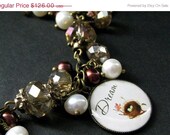SUMMER SALE - Bird Nest Charm Bracelet in Fresh Water Pearl, Taupe Crystals and Bronze. Handmade Bracelet.