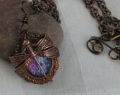 Vintage Style Necklace Fire Opal with Dragonfly Wrap Victorian Style in Antiqued Copper setting