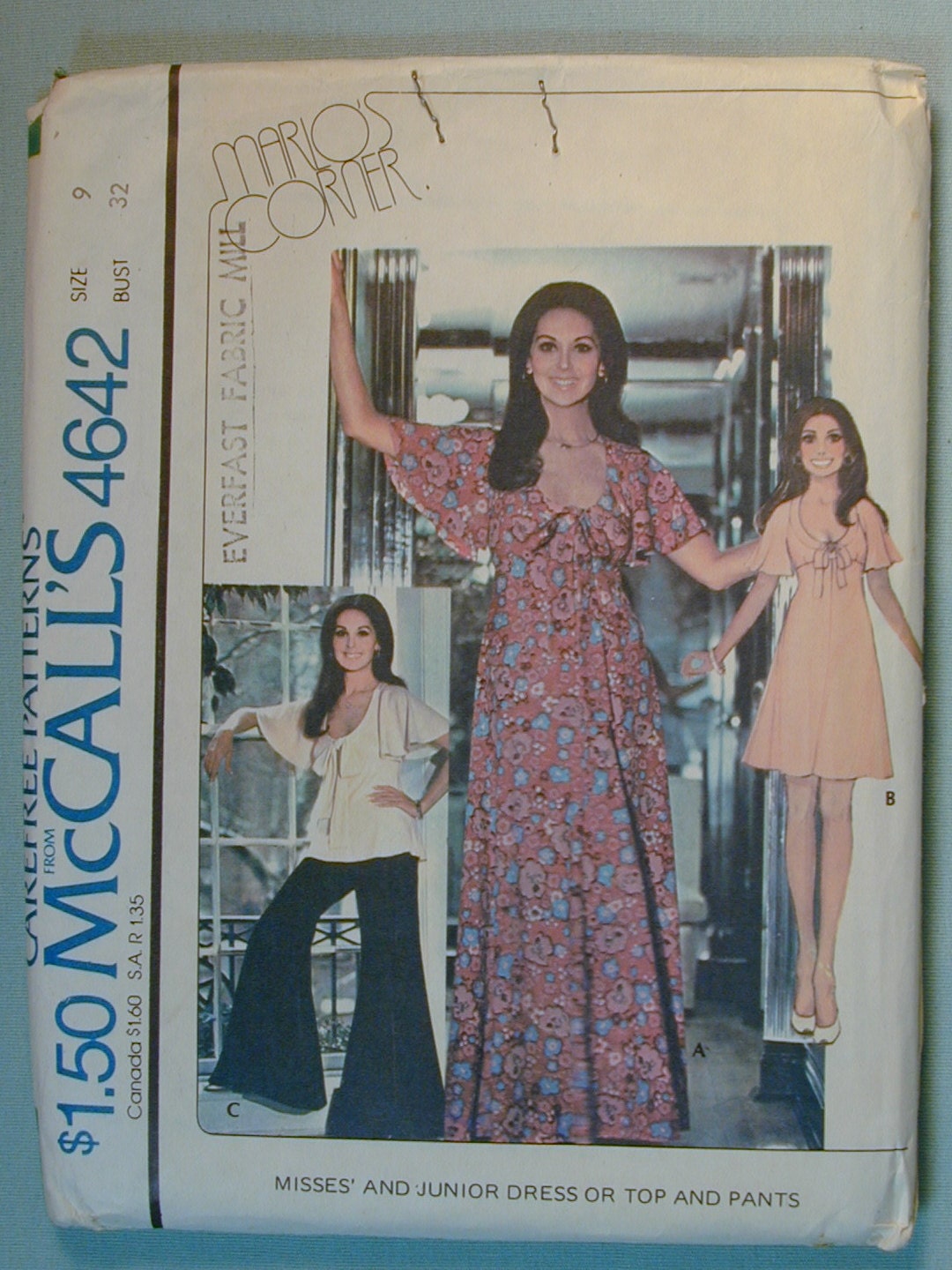 Vintage 1975s McCalls Bell Bottoms Maxi Dress Top Pattern Size 9 Miss Womens Junior 4642 Marlo Tomas