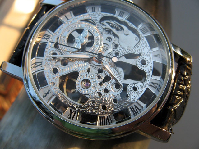 Silvertone Mechanical Wrist Watch with Black Leather Wristband - Unisex - Steampunk - Men - Groomsmen - Watch - Item MWA385