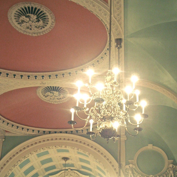 Grandeur - Chandelier photography, brick red, seafoam green, vintage home decor, wedding art 8x8 Print
